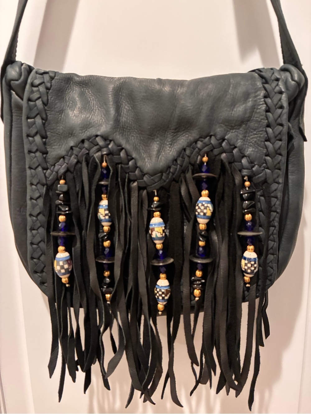 ERDA Vintage Black Leather Fringe Crossbody Bag Southwestern Ceramic Beads Made